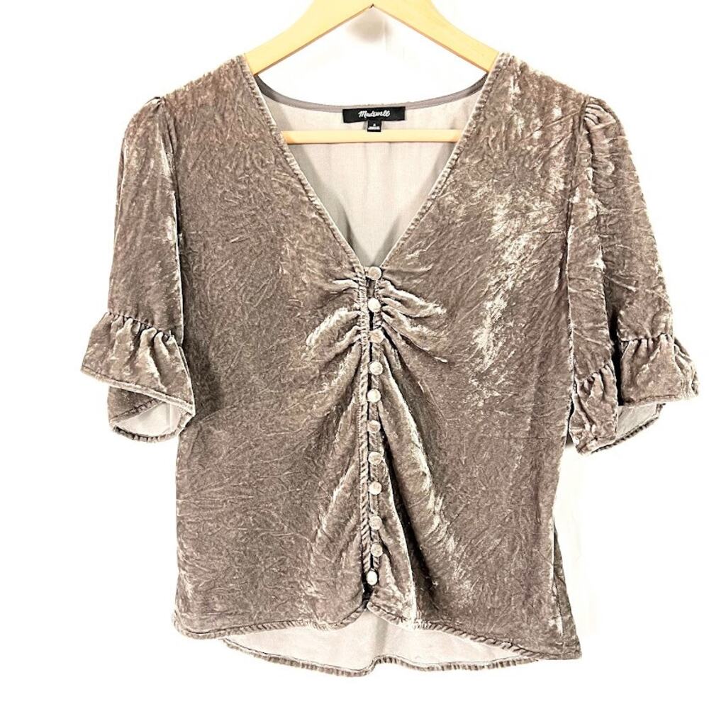Madewell Daylight Top Blouse Velvet V Neck Button Up Ruffle Sleeve Gray sz 2